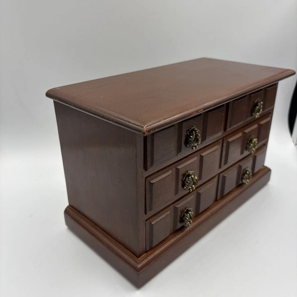 Vtg Brown Wood Rectangle Jewelry Box Organizer w/ Drawers Music Box MCM Cottage